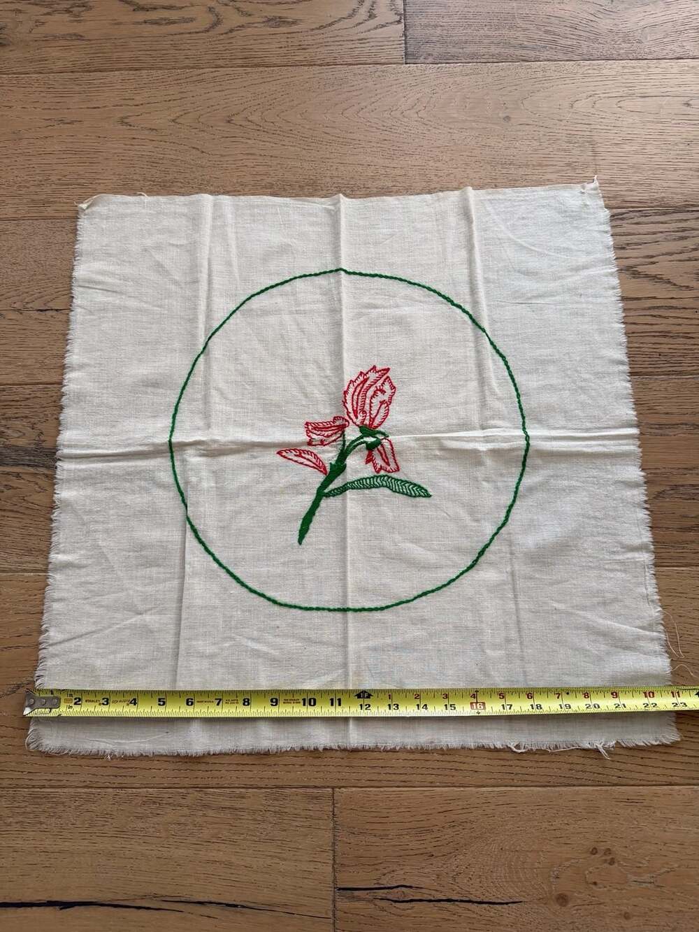 Bundle of 2 Vintage Hand Embroidered Floral Linen Square Fabric Panels 22x22